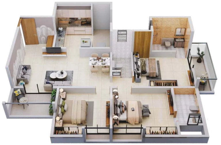 3 BHK flat layout in Wakad featuring spacious bedrooms and modern interiors